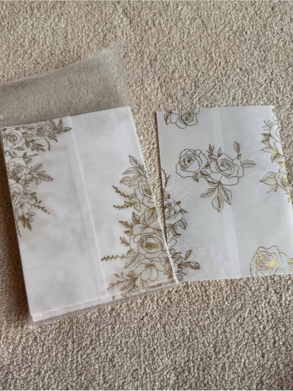 White Vellum Jackets with Gold Floral Print - Set of 50